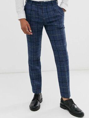 NWT ASOS DESIGN slim smart pants in 100% wool Harris Tweed in blue check W32 L32